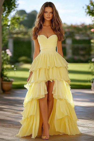 Yellow Corset Long Prom Dress with Appliques Ruffles